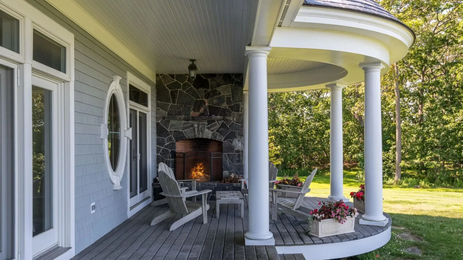 An outdoor terrace located on the Maine home once belonging to Bette Davis. 