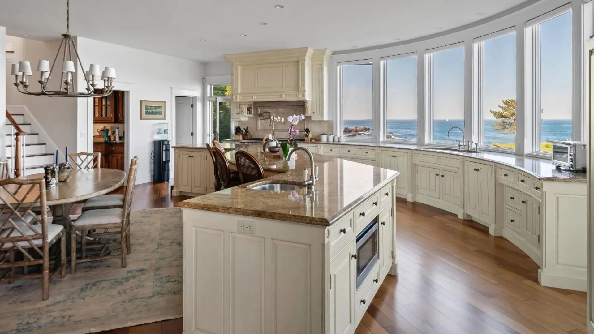 A kitchen with a kitchen island in Bette Davis' former Maine estate. 