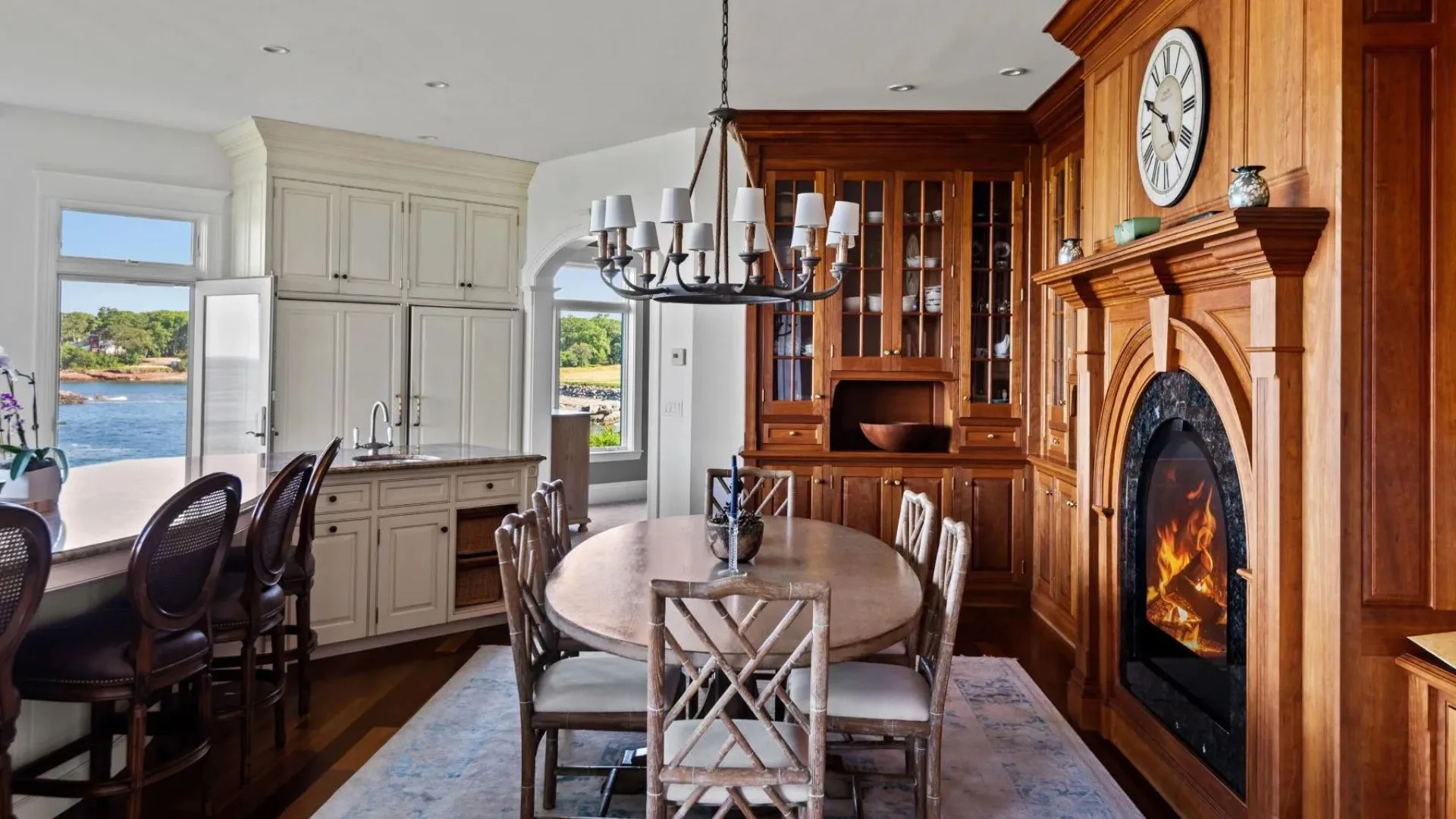 A fireplace in the kitchen of the home now built on Betty Davis's former Maine estate. 