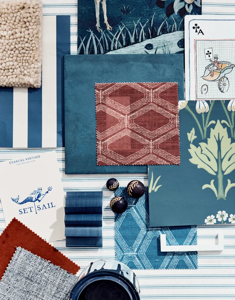 A moodboard with primarily blue, white and red swatches.