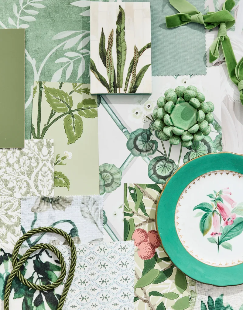 A moodboard featuring a bright green palette, including botanical prints and floral motifs.