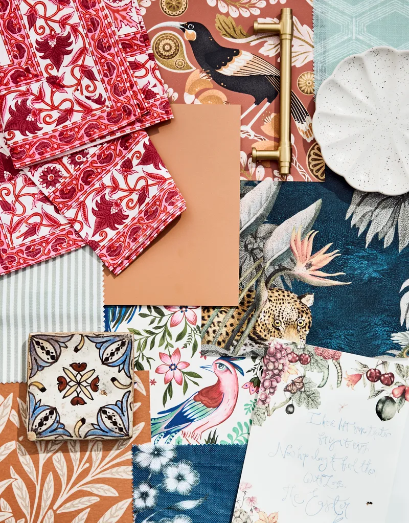 A moodboard featuring bright shades of red, blue and orange, with patterns featuring animals and botanical prints.