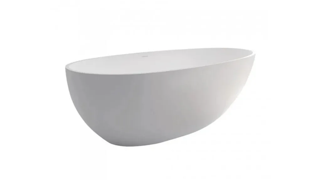 A freestanding white bathtub with an oval shape.
