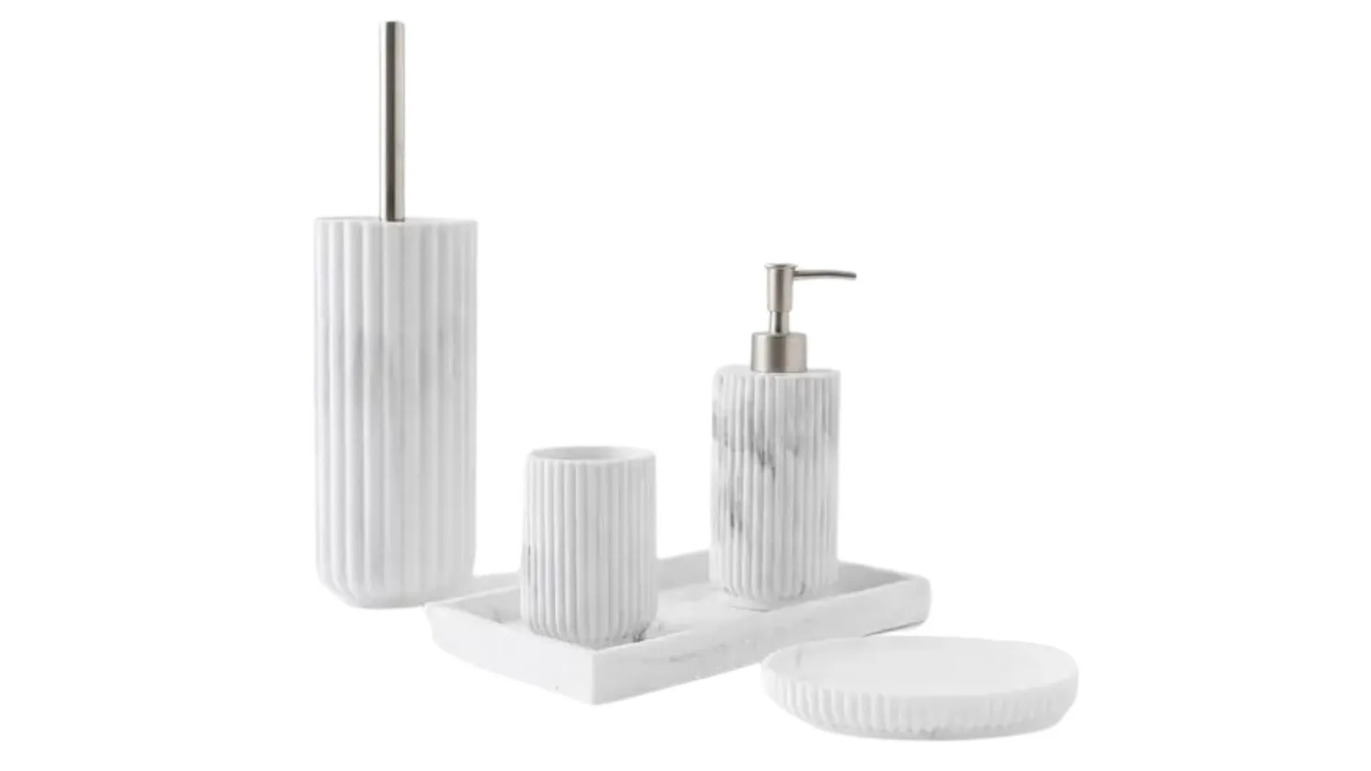 A bathroom accessory set including a toilet brush and holder, toothbrush holder, soap dispenser and tray, all with matching ridged pattern with a marble-look finish.