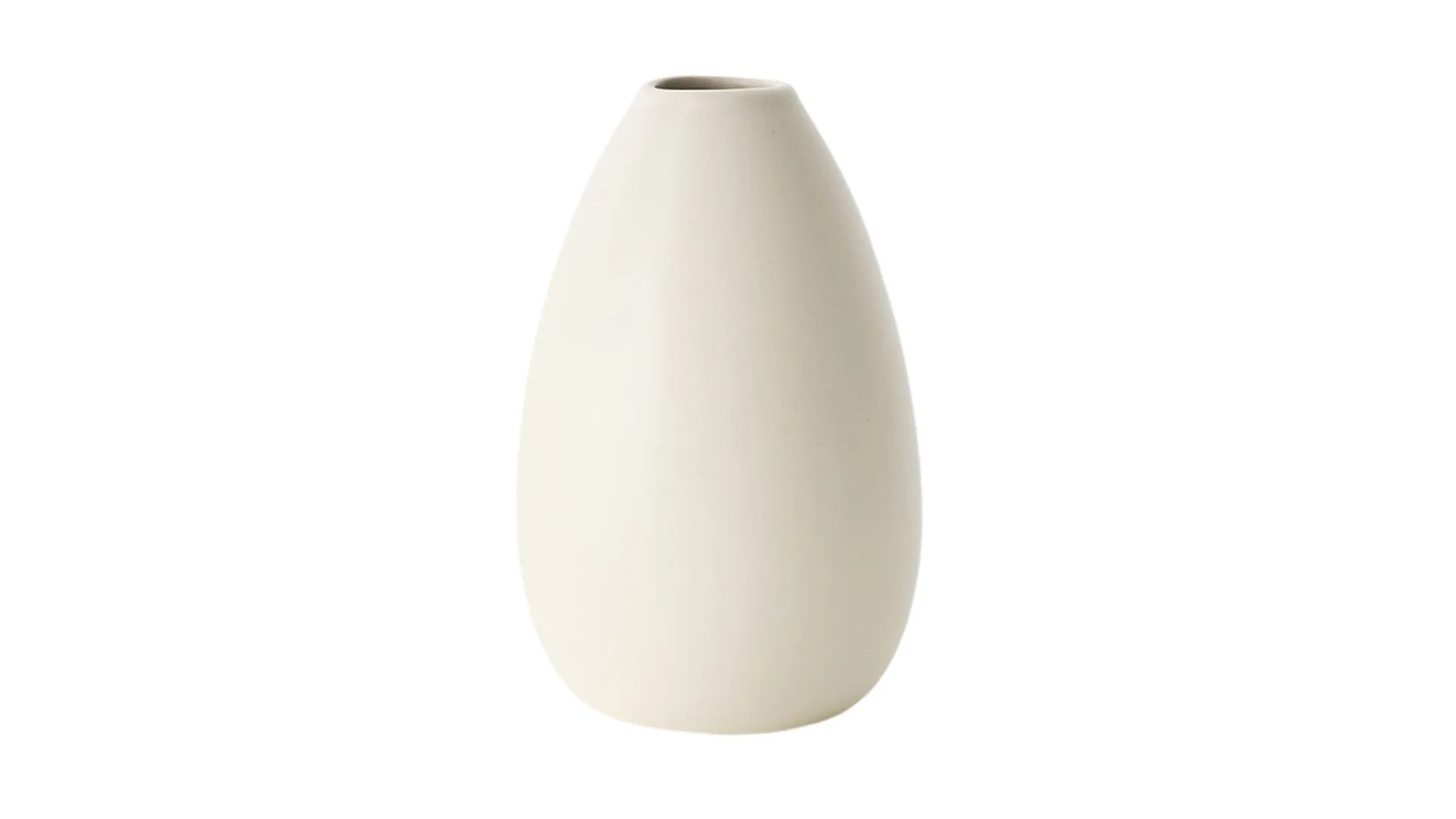 A cream coloured ceramic vase in a teardrop shape.