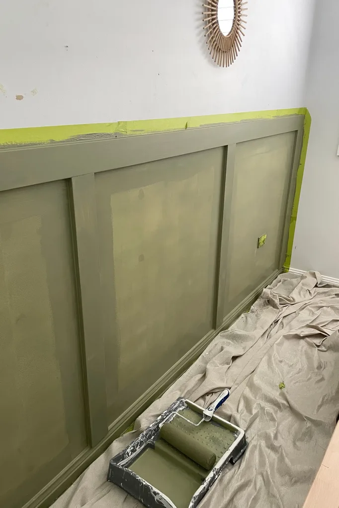 Kids bedroom makeover olive green painted wainscoting