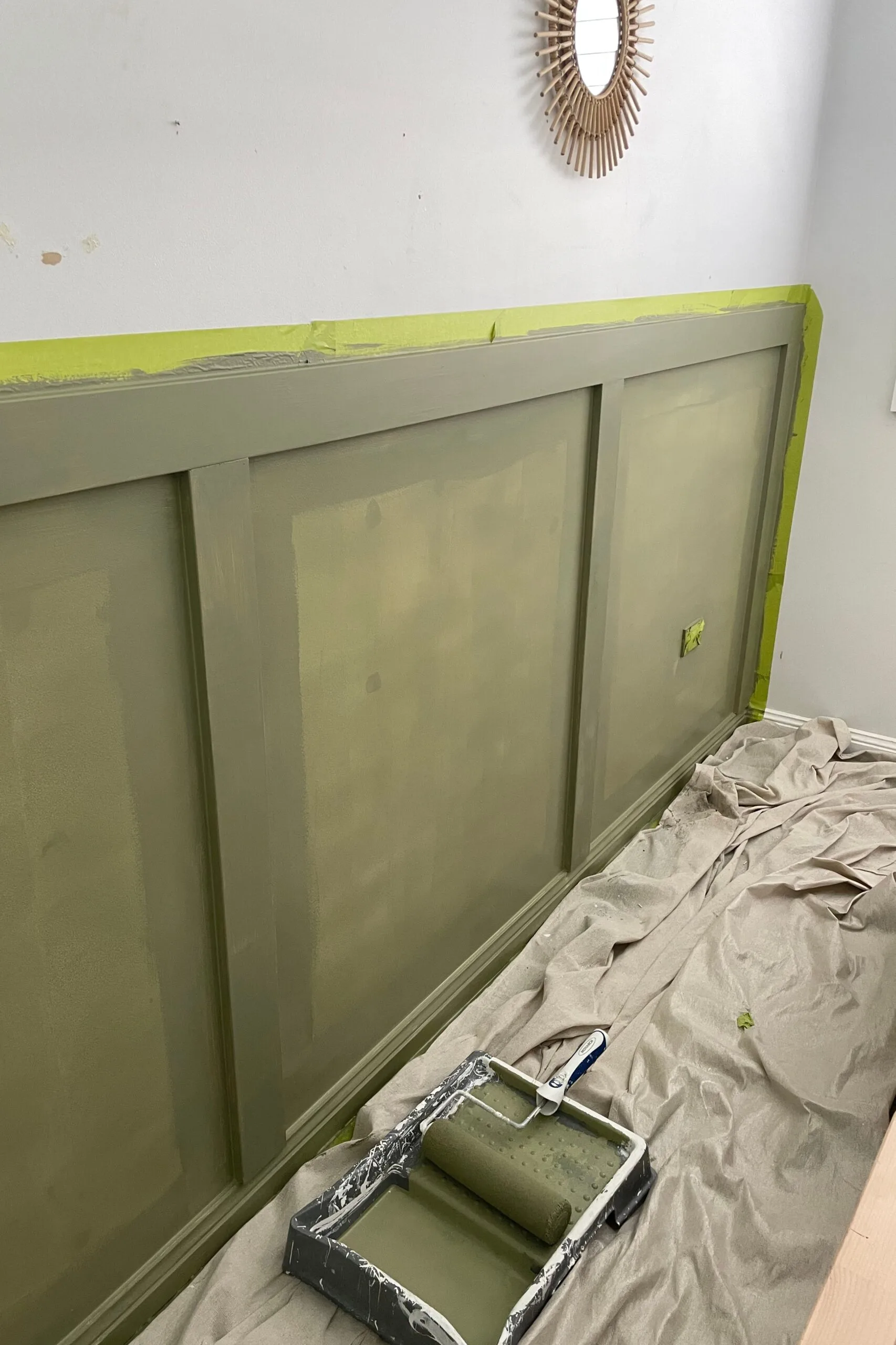 Kids bedroom makeover olive green painted wainscoting