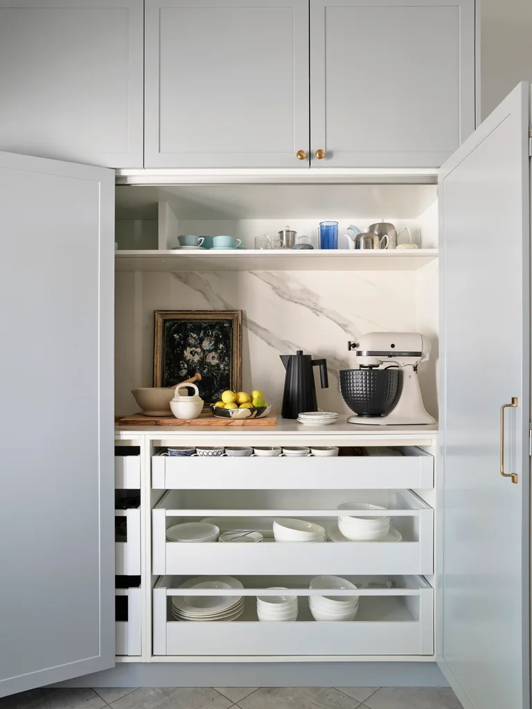 A kitchen with white coloured joinery and brass knobs. One kitchen cupboard is open to reveal appliances stored inside, such as a stand mixer.