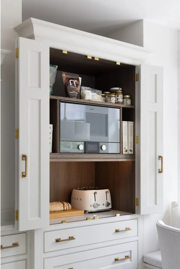 A kitchen with white coloured joinery and brass pull handles. One kitchen cupboard is open to reveal appliances stored inside, such as a microwave and toaster.