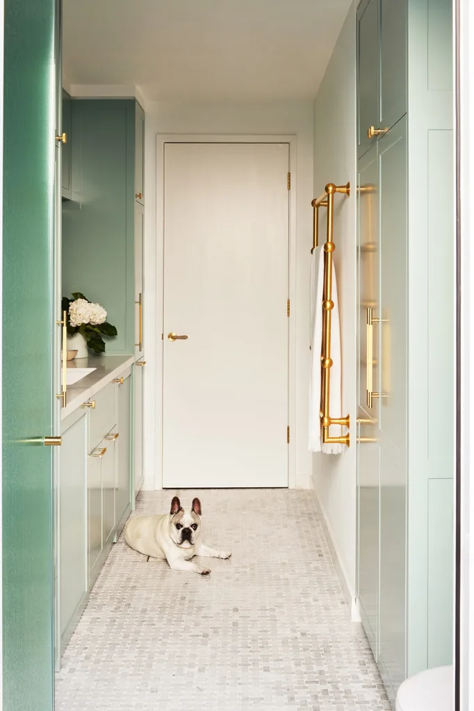 A renovated laundry room, refreshed in green.