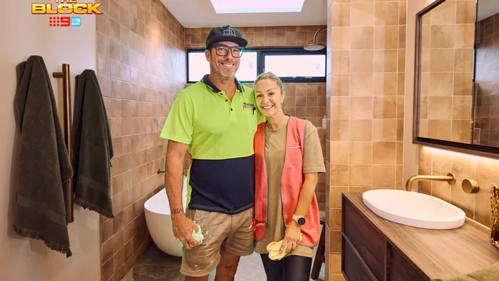The Block 2025 Alicia and Sonny main bathroom week 1