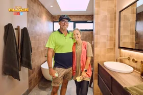 The Block 2025 Alicia and Sonny main bathroom week 1