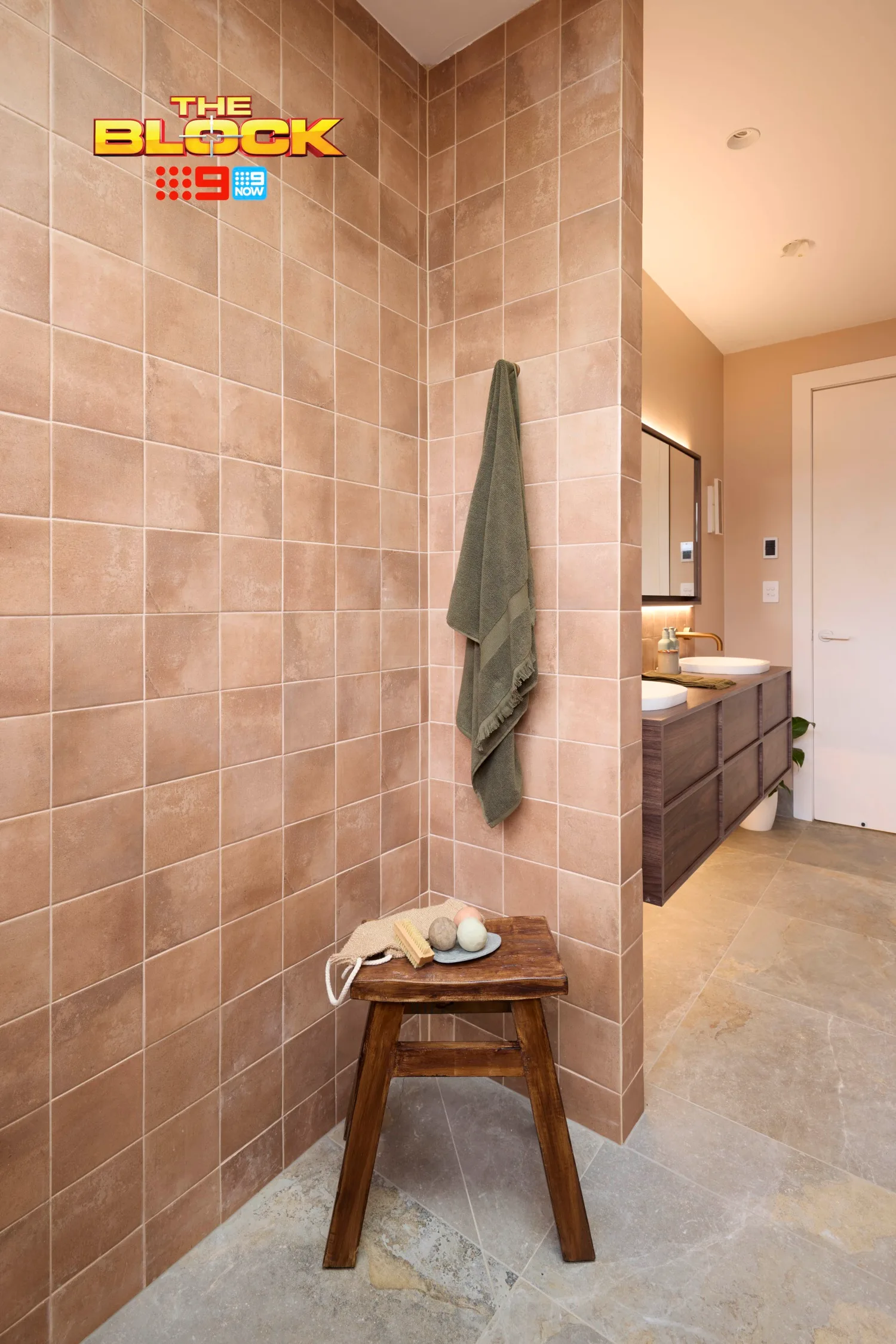 The Block 2025 Alicia and Sonny main bathroom week 1