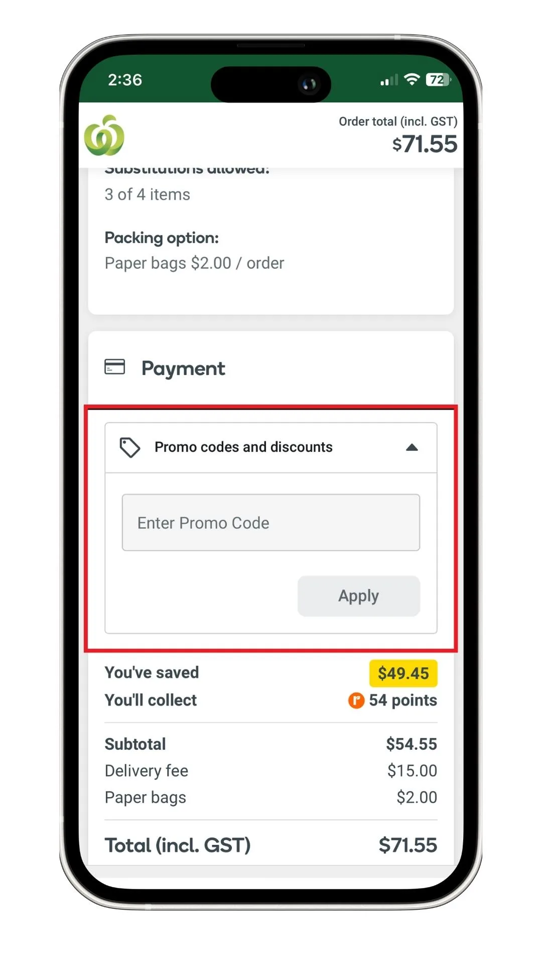 Woolworths promo code field at checkout.