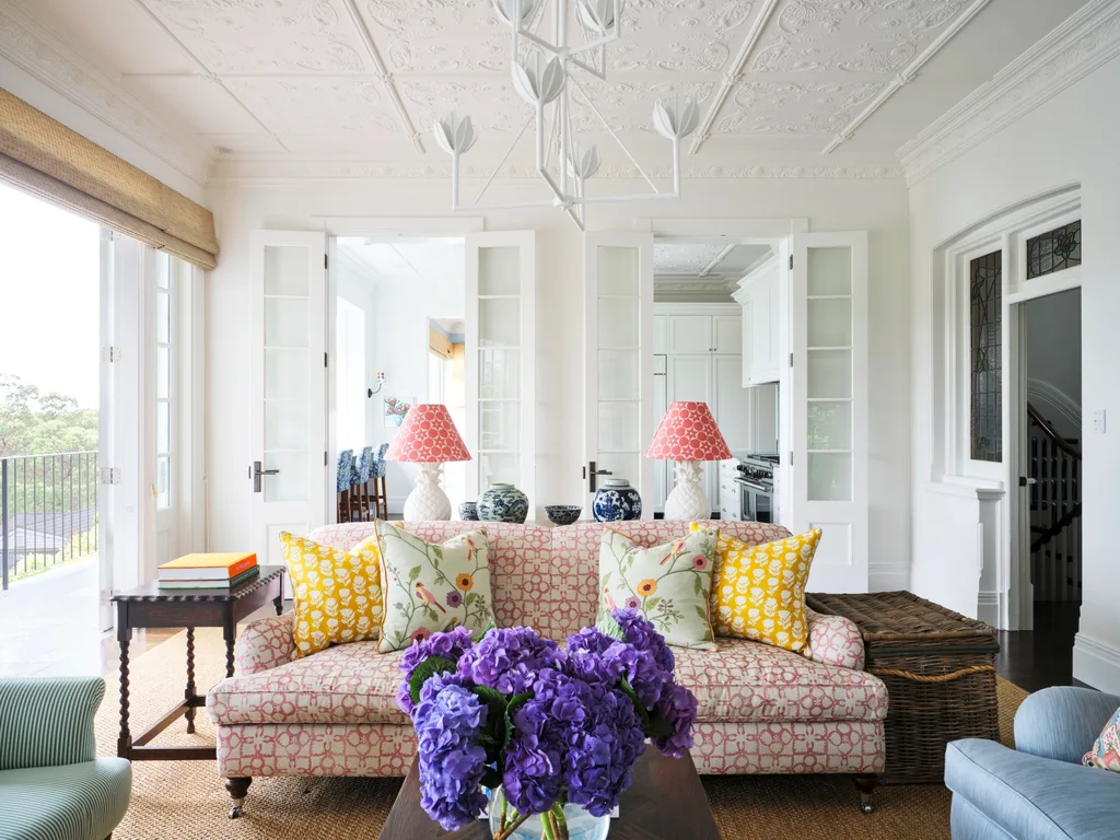 Living room with patterned couches, colorful cushions, floral lampshades, and purple flowers on a coffee table. The walls and ceiling are painted white, with a white pendant light in the middle. Skirting boards, cornices and moulding on the ceiling add an ornate touch.