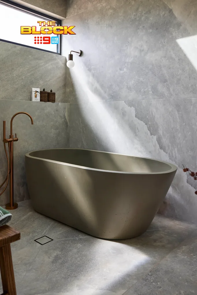 Alicia and Sonny's The Block 2025 main ensuite olive green bath