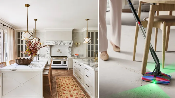 A kitchen and the Dyson PencilVac stick vacuum cleaner