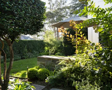 Groundcover of young Pratia pedunculata joins sandstone steppers that lead visitors through the garden to the entry portico and front door