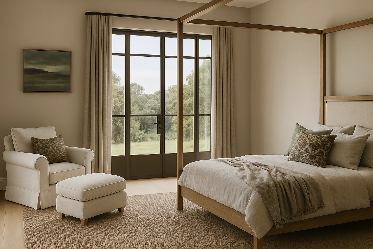 A ChatGPT render of Home Beautiful's sixth Block house - main bedroom. A farmhouse style bedroom with a four poster bed and views to the countryside.