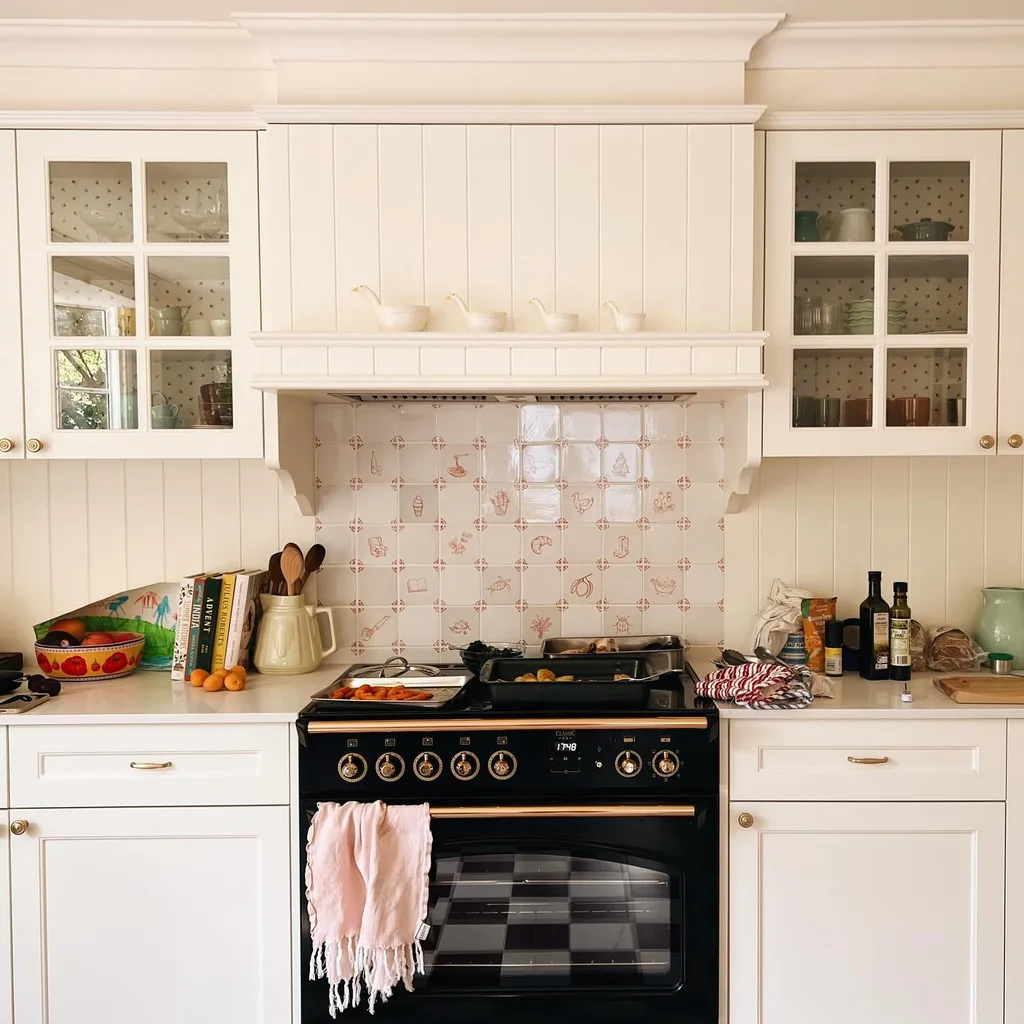 A red Delft tile splashback.