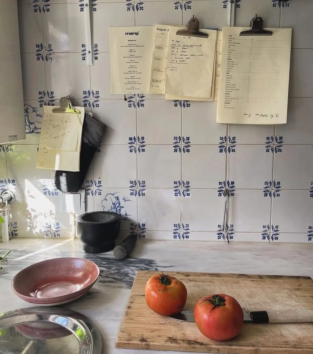 Blue Delft tiles on a kitchen splashback. 