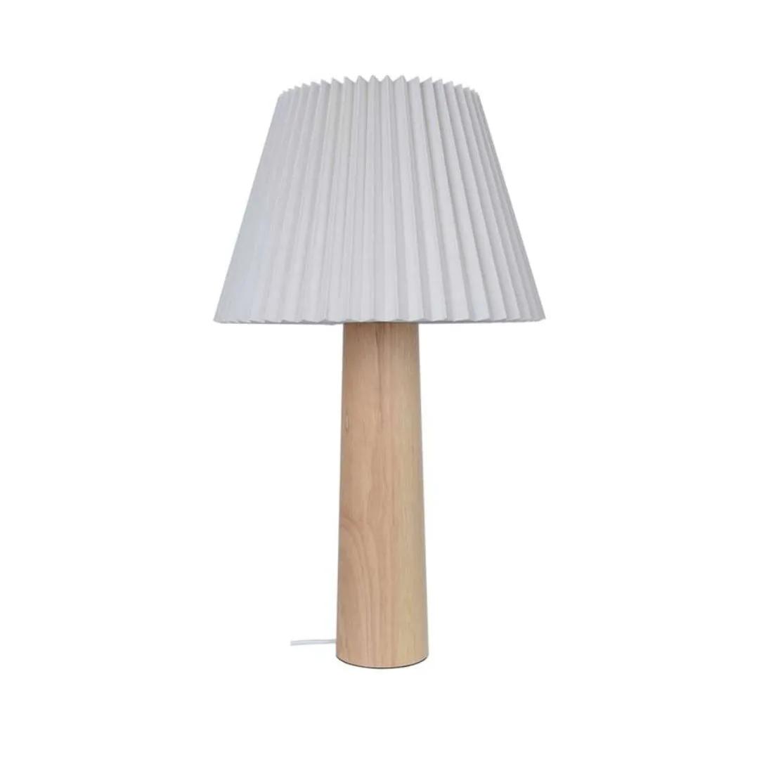 A pleated lamp with a wooden base