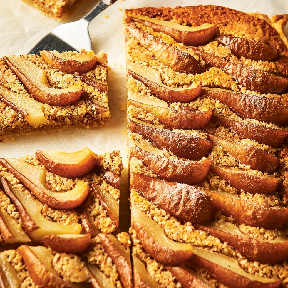 Pear frangipane slab tart