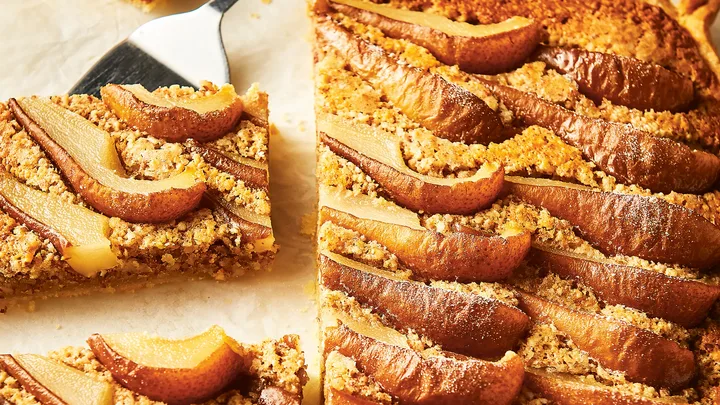 Pear frangipane slab tart