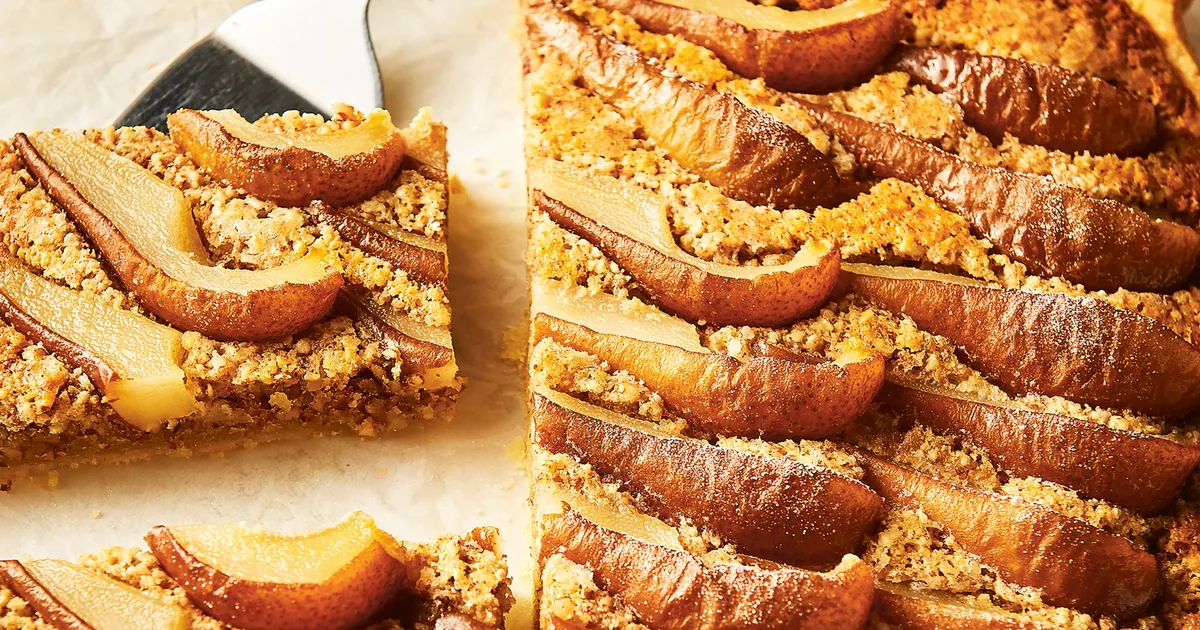 Pear frangipane slab tart | Home Beautiful