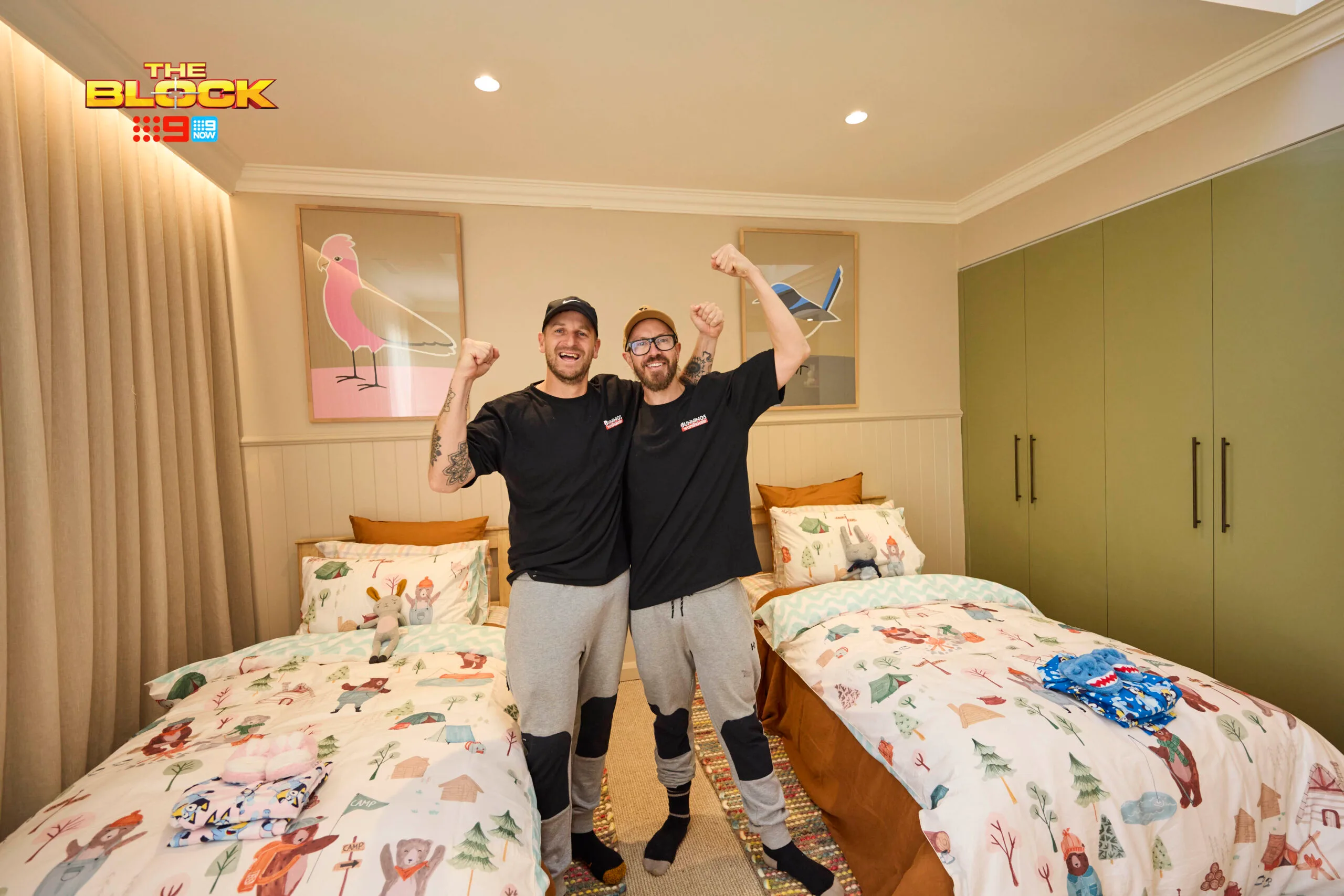 Robbie and Mat in their room reveal for the Block's kid's bedroom week. 