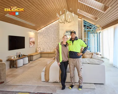 The Block 2025 team Britt and Taz in their living and dining room