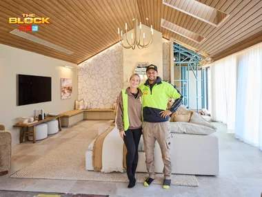 The Block 2025 team Britt and Taz in their living and dining room