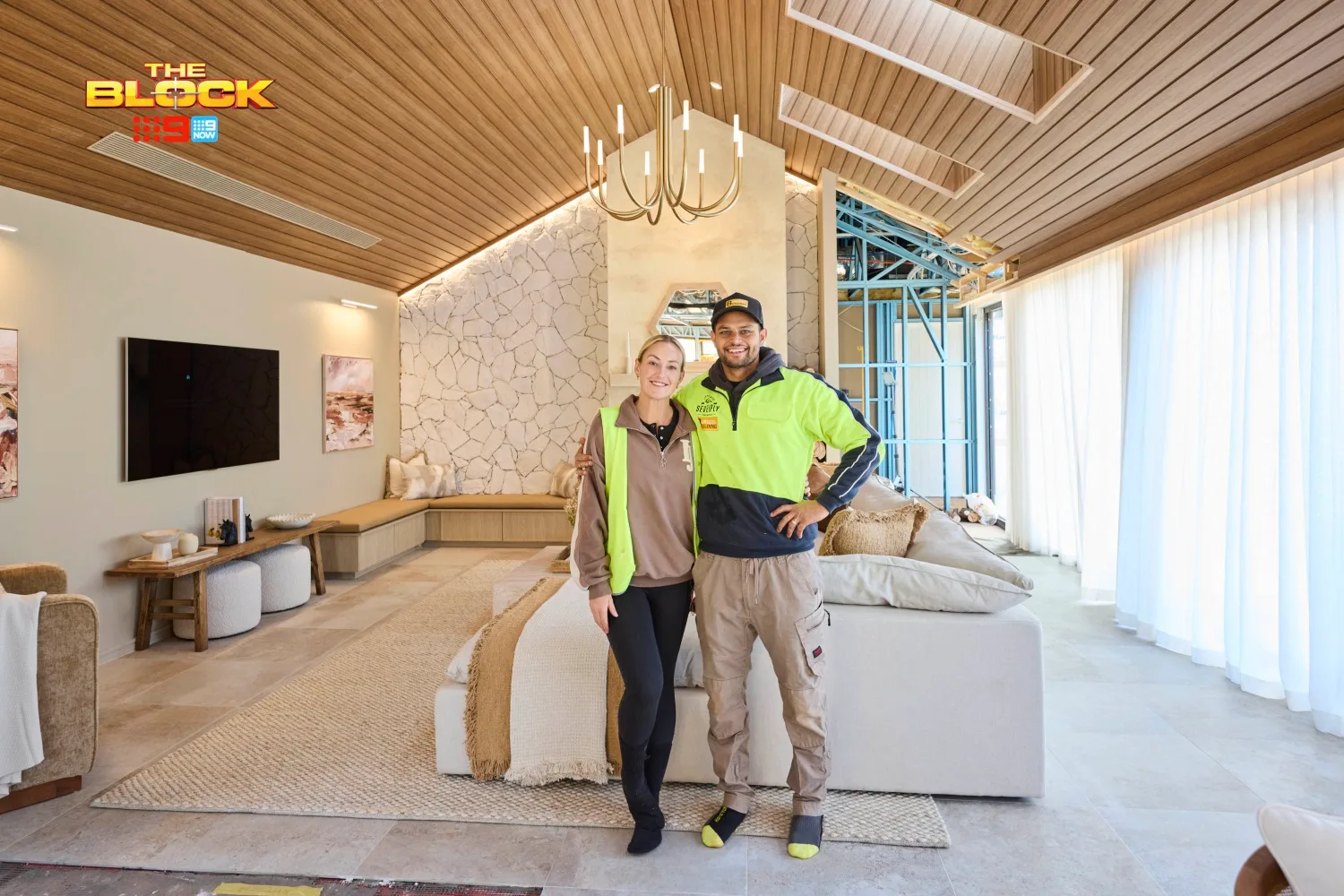 The Block 2025 team Britt and Taz in their living and dining room
