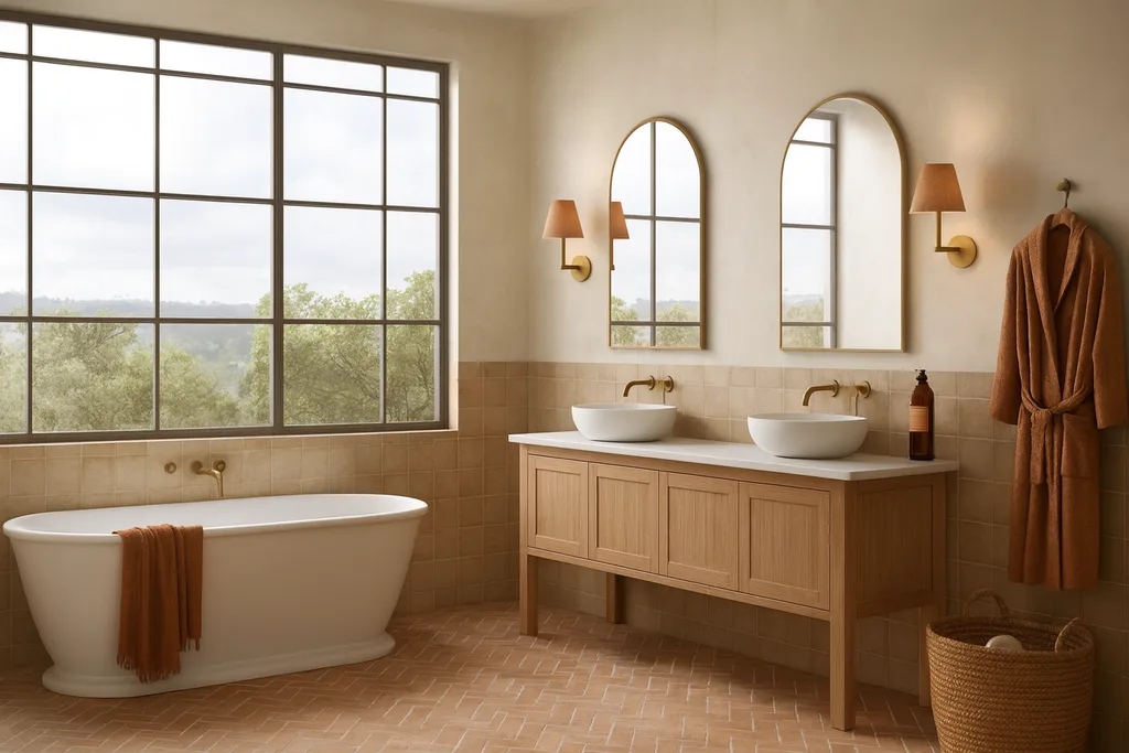 AI render of stylish bathroom with freestanding tub, double sinks, arched mirrors, linen robe, and large window overlooking greenery.