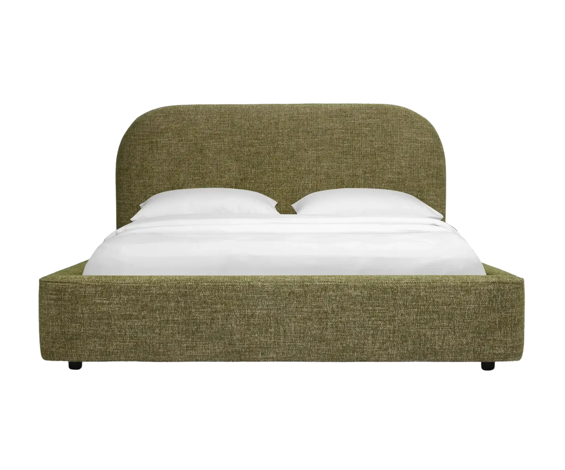 Green Arlo storage queen bed with curved upholstered headboard and hidden under-bed storage