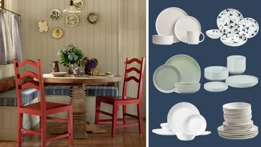 Collage-style cover image. Pictured on the left, a cottage inspired dining room with red wooden chairs and charming farm style decor. Pictured on the right is a selection of six of the best dinnerware sets for sale in 2026