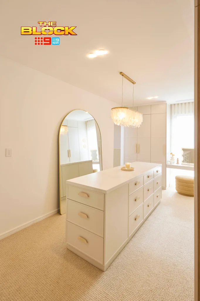 A luxuruous walk-in-wardrobe deisgned by Britt and Taz on The Block.