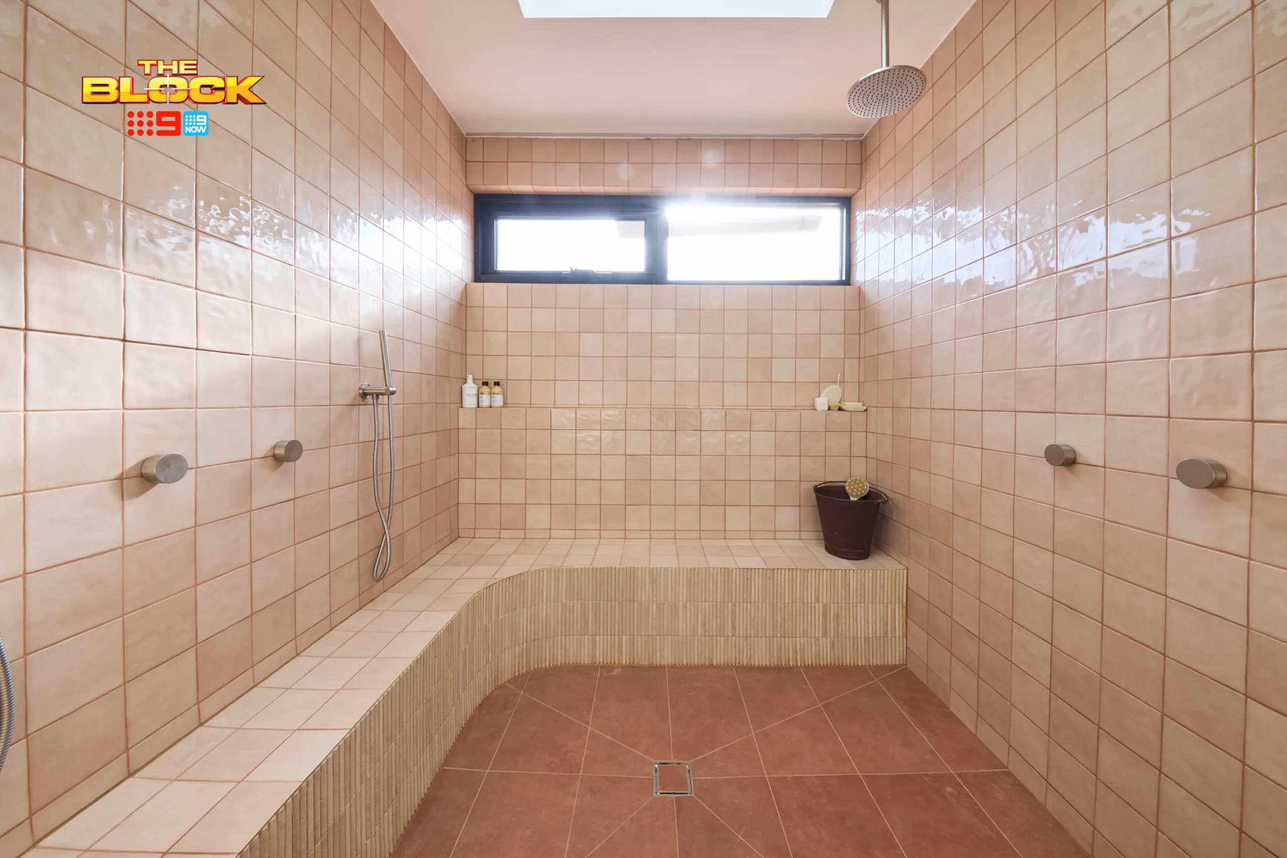 A curved shower designed by Britt ad Taz on the Block. 