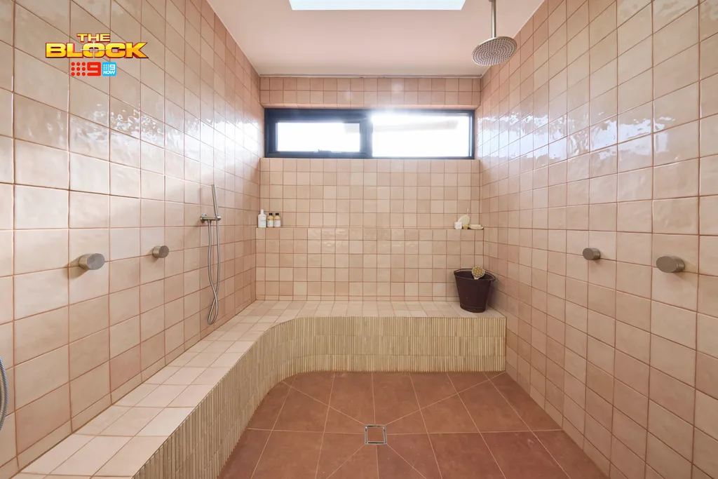 A curved shower designed by Britt ad Taz on the Block.