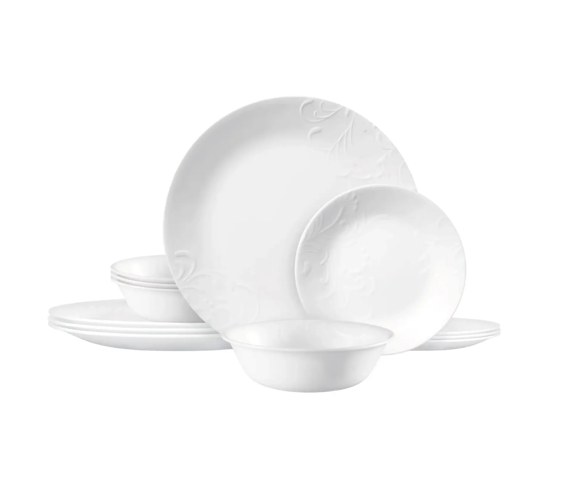 Product photo of Corelle Bella Faenza Dinner Set (12-piece), ranked best dinnerware set for vintage elegance. Features a raised floral detailing and delicately detailed edges/