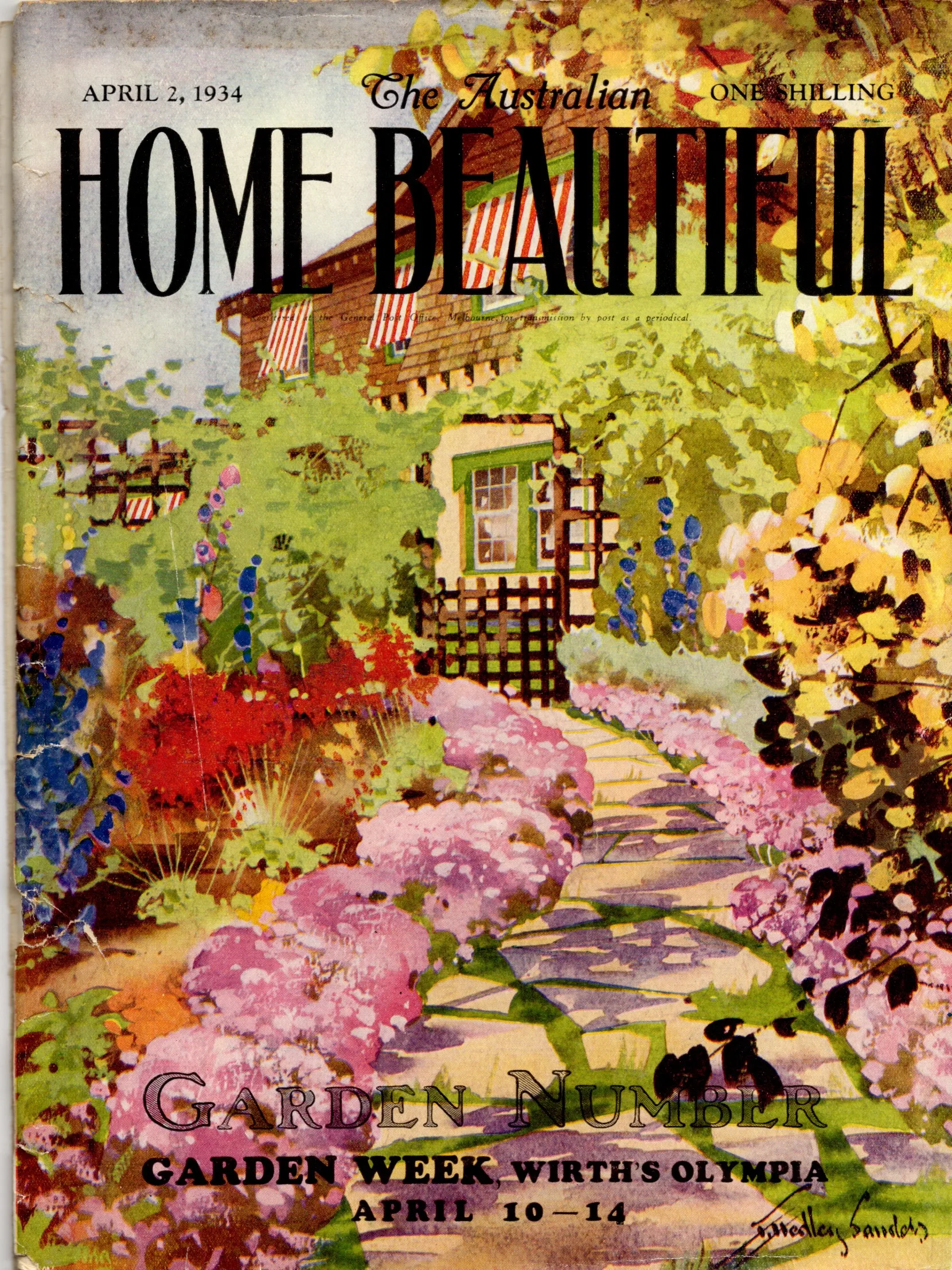 The April 2, 1934 cover of Home Beautiful. The cover is an illustration of a garden, with a stone path. It depicts the same image as the previous scanned magazine page, with a black and white image but this illustration has been done in colour