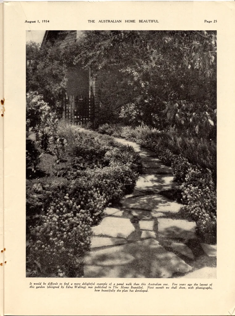 A page from an issue of Australian Home Beautiful. A black and white photo depicts a garden with a winding stone path