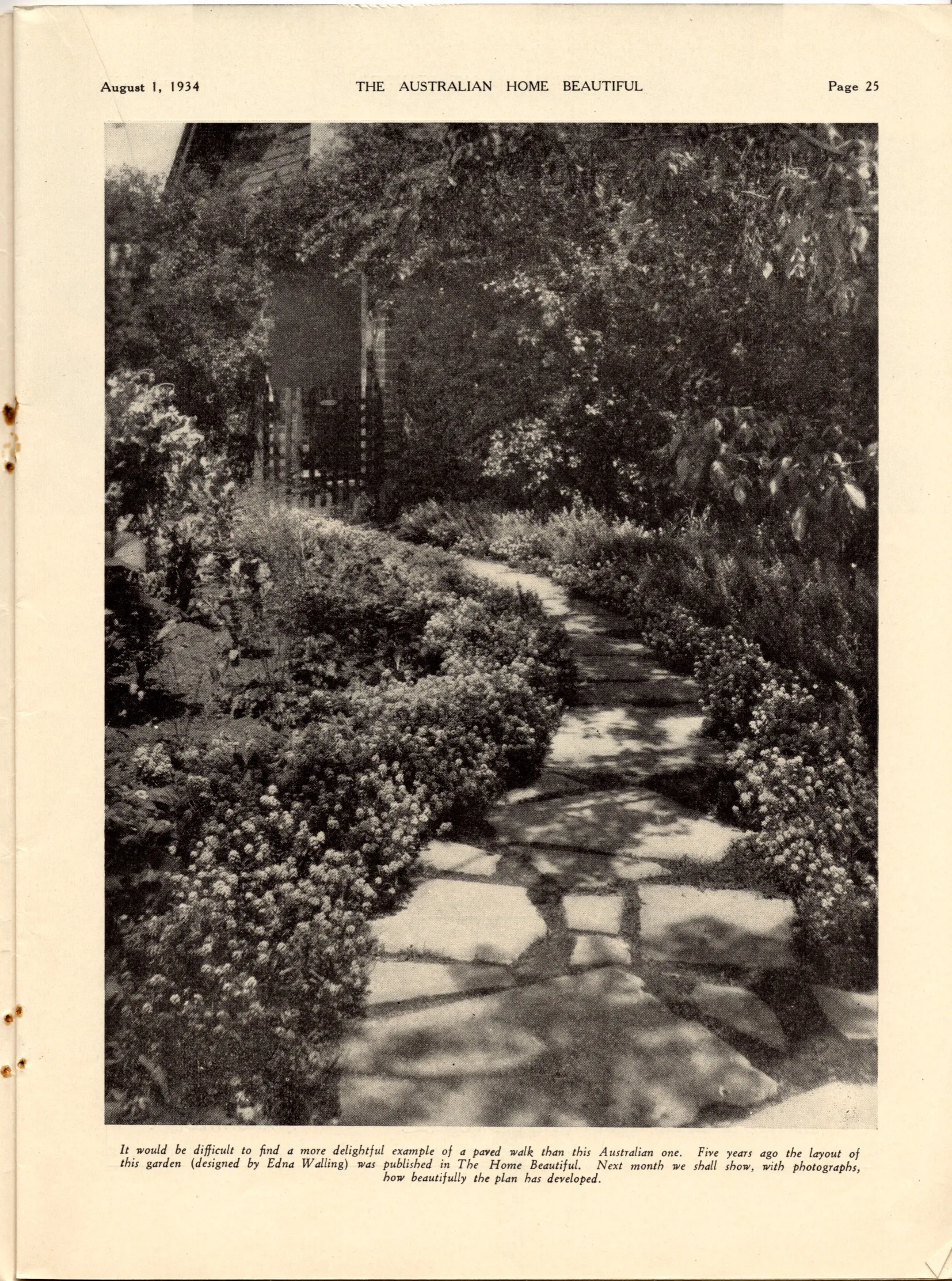 A page from an issue of Australian Home Beautiful. A black and white photo depicts a garden with a winding stone path