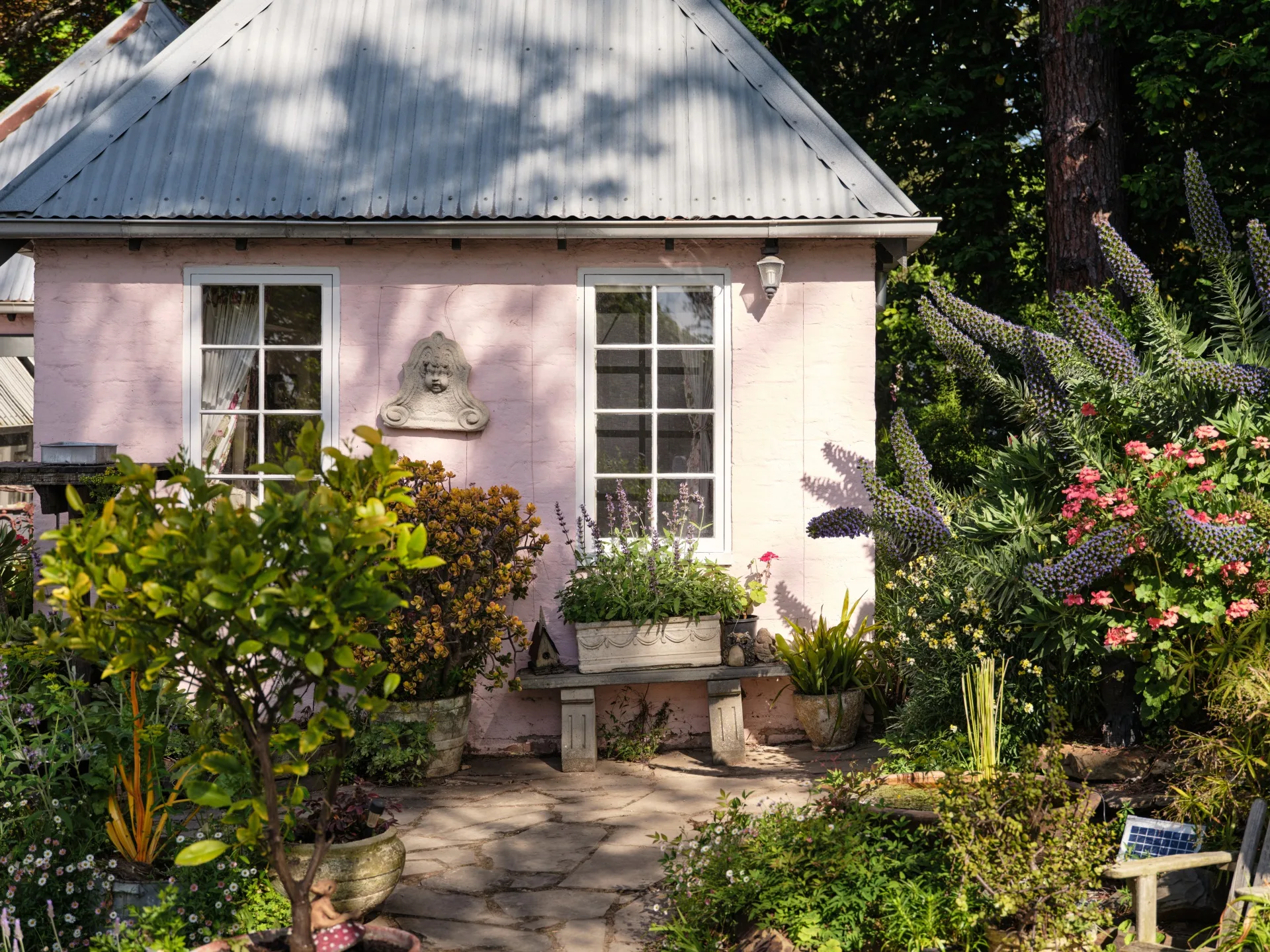 Pink cottage with a metal roof surrounded by lush garden, vibrant flowers, and a decorative wall ornament. This is part of Bickleigh Village, created by Edna Walling.