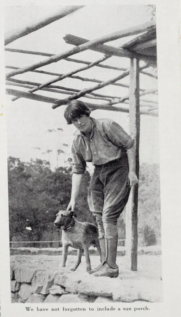 A page from an issue of Australian Home Beautiful. A black and white photo depicts garden designer Edna Walling with her dog, alongside the caption "We have not forgotten to include a sun porch".