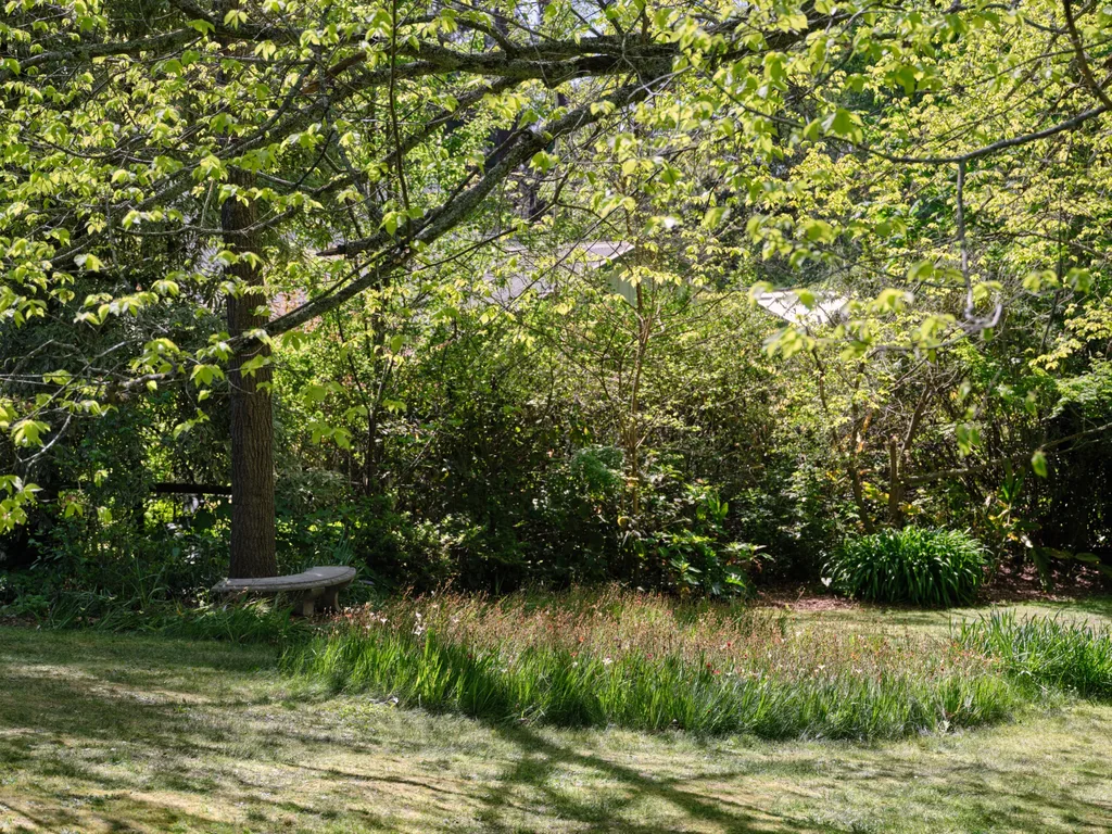 A serene garden scene with lush green foliage, a tree, and a stone bench, bathed in sunlight.