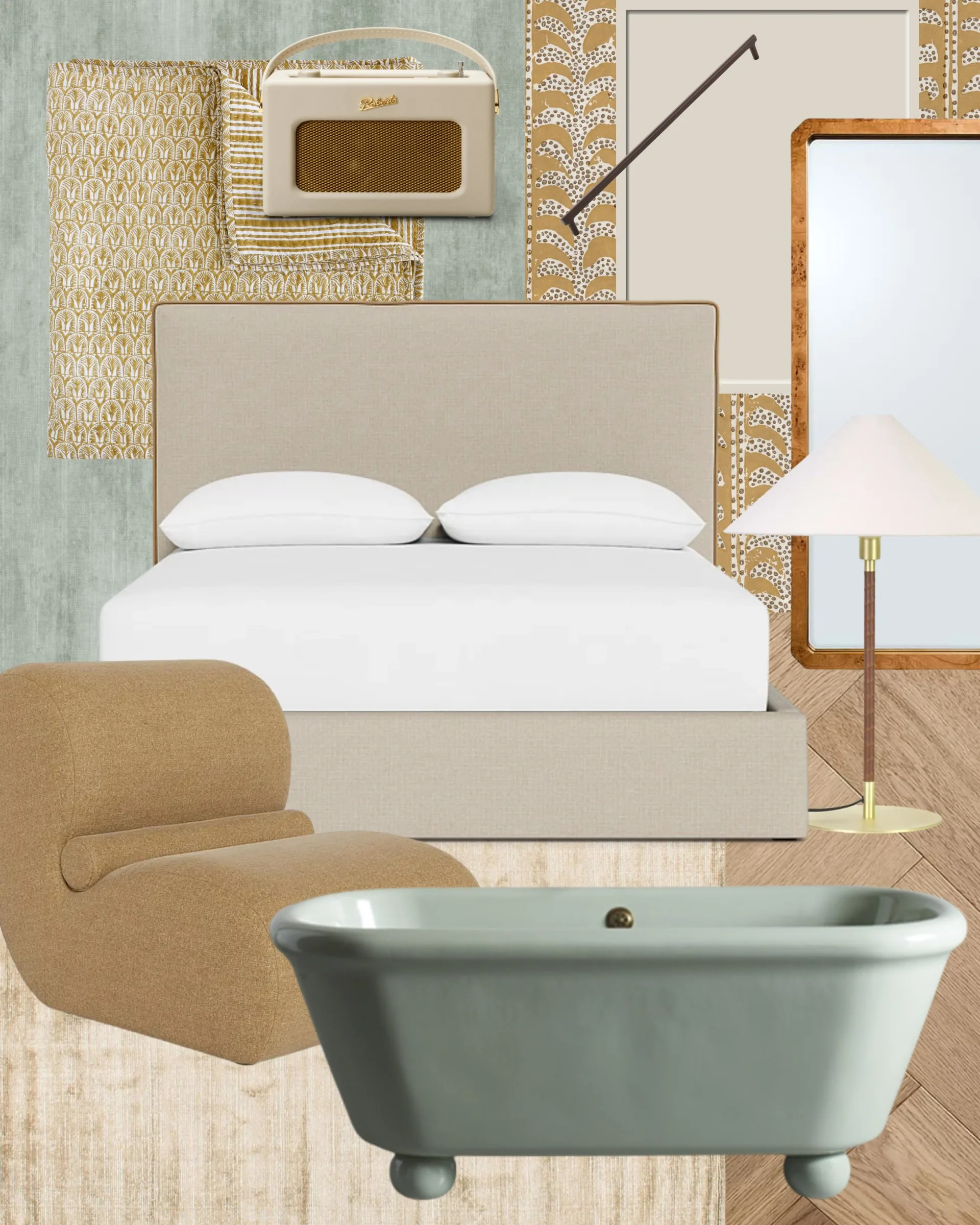 The mood board for Home Beautiful's guest suite.