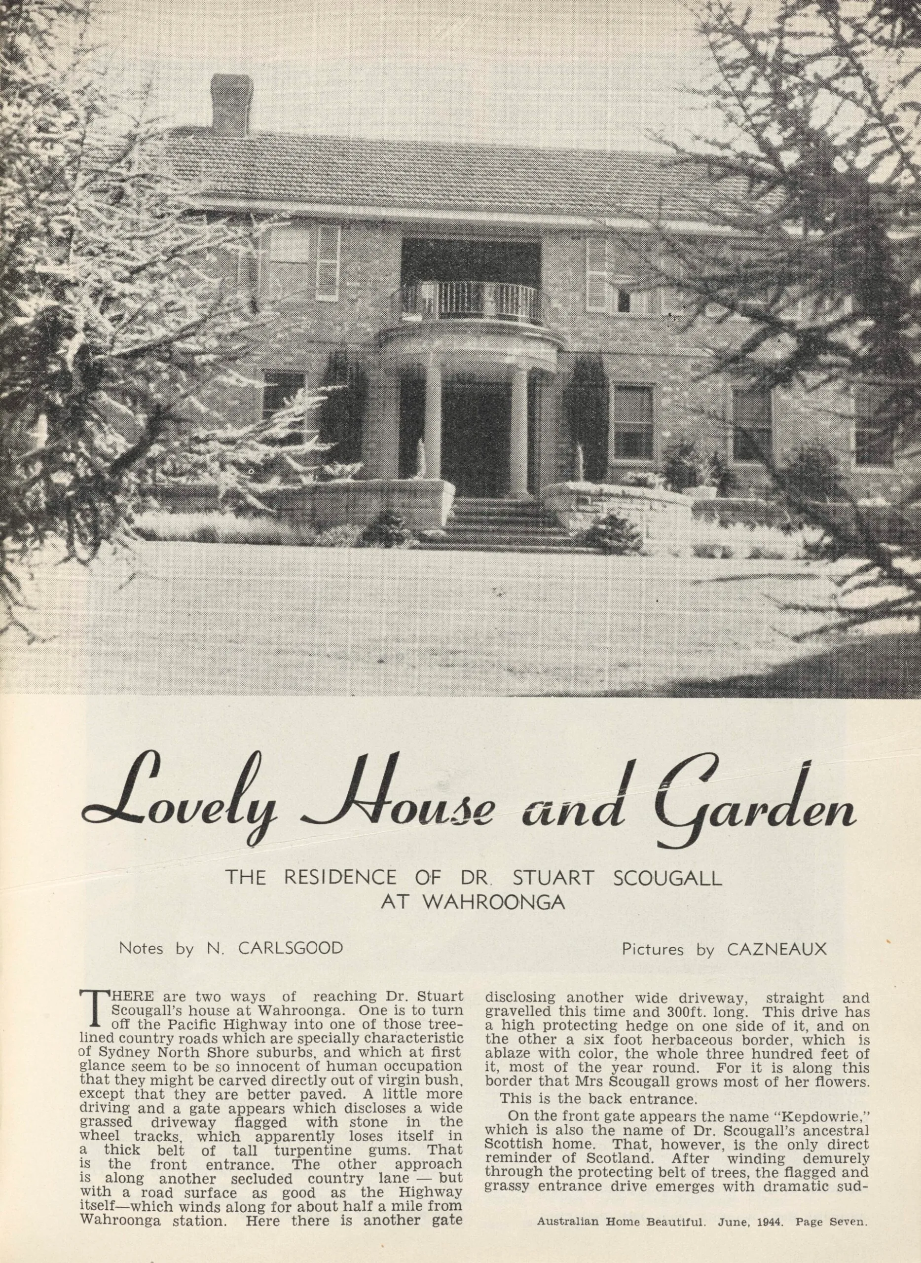 Black and white magazine page showing a grand house with columns, titled "Lovely House and Garden." The article is from the June 1944 issue of Australian Home Beautiful.