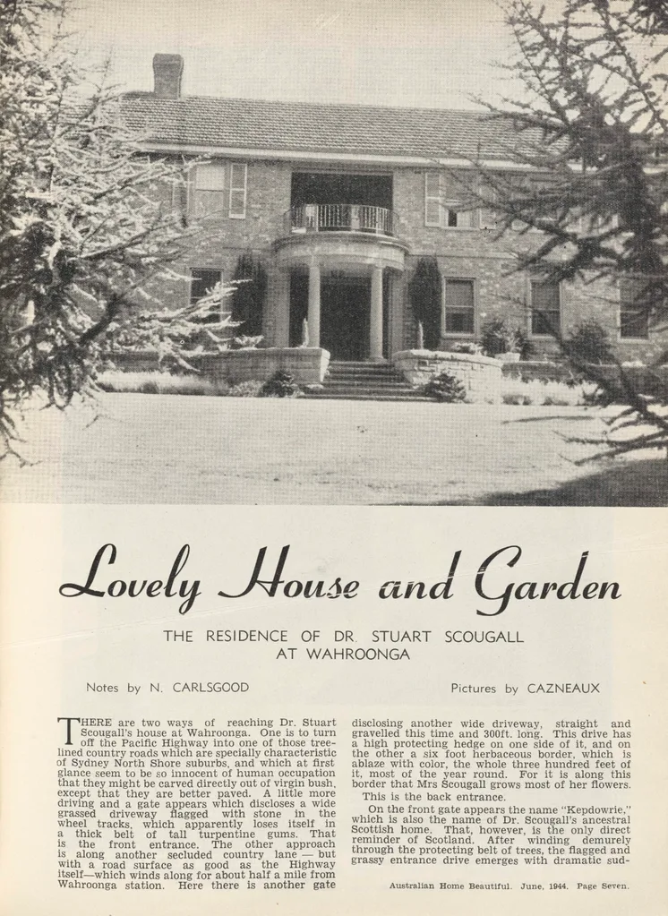 Black and white magazine page showing a grand house with columns, titled "Lovely House and Garden." The article is from the June 1944 issue of Australian Home Beautiful.