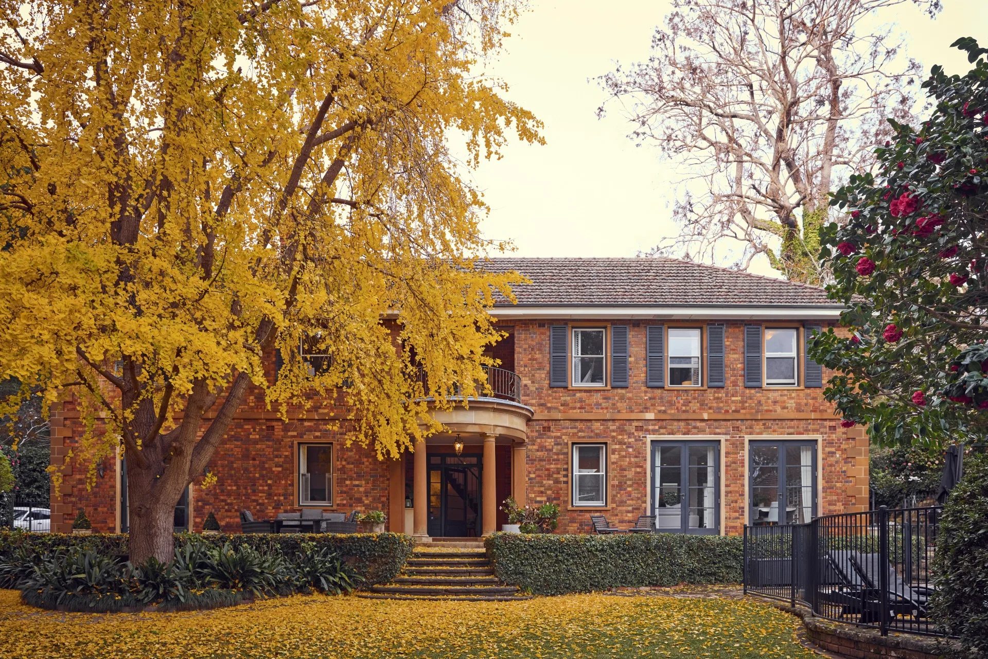 Red-brick house with a large yellow tree in front, surrounded by a garden with fallen leaves. The facade of this heritage house is a classic Georgian style.